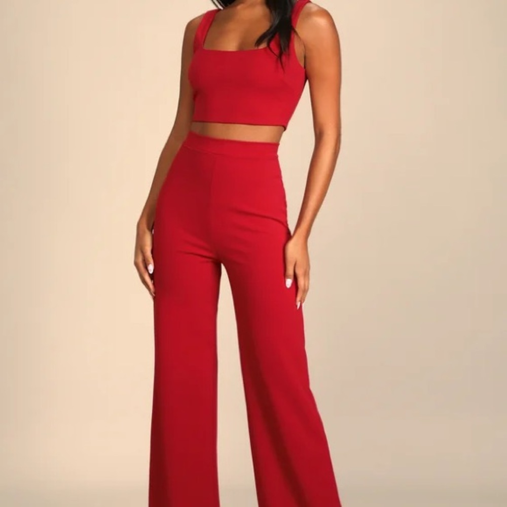 Lulus Red Two-Piece Jumpsuit – Wide Leg Pants & Crop Top, Size Large